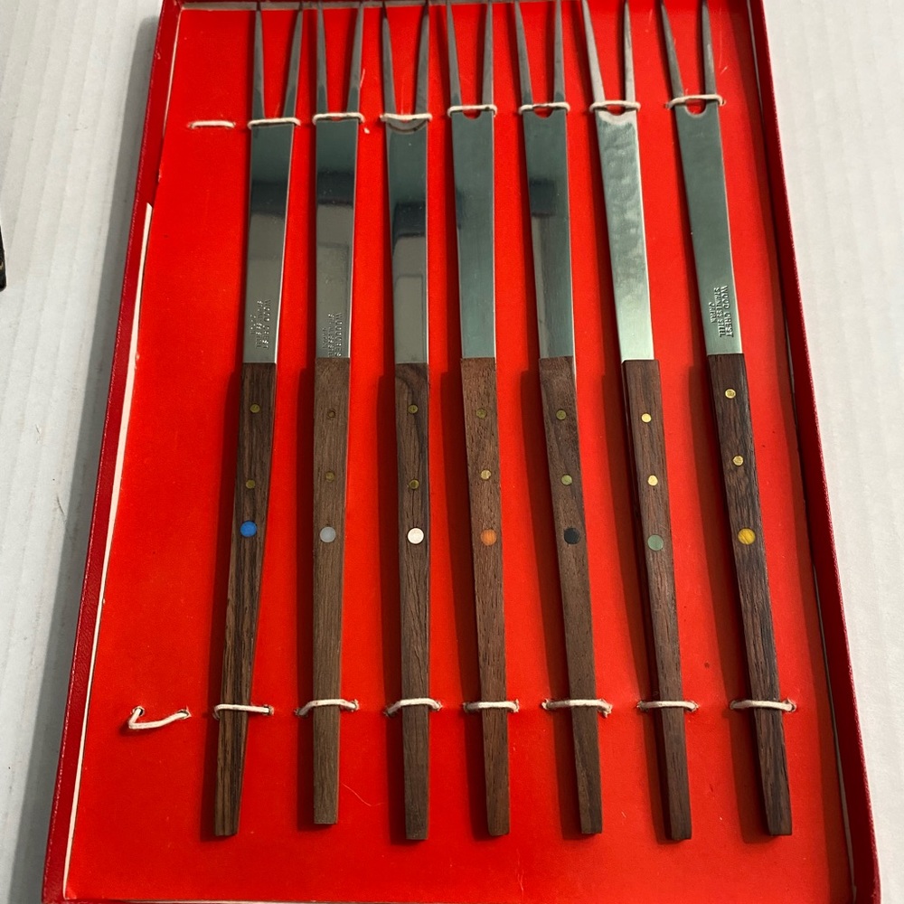 Retro Walnut Fondue Forks Vintage IOB